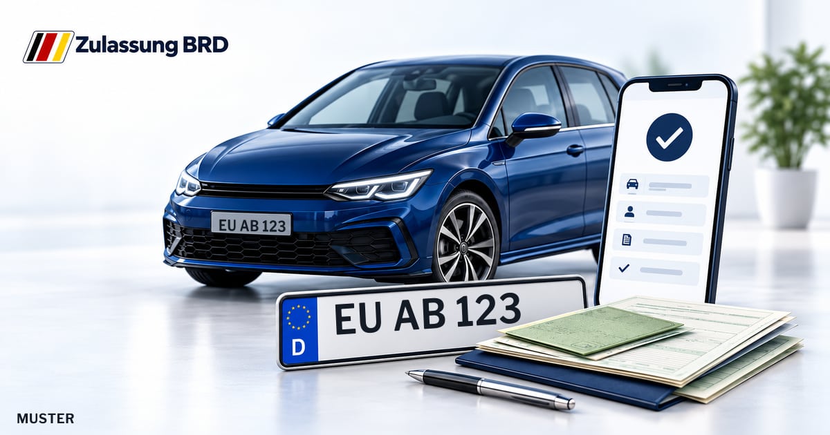 Online Fahrzeugzulassung in Landkreis Euskirchen: Musterkennzeichen EU AB 123, Auto und Fahrzeugpapiere und Smartphone. Illustration mit Logo von Zulassung BRD.